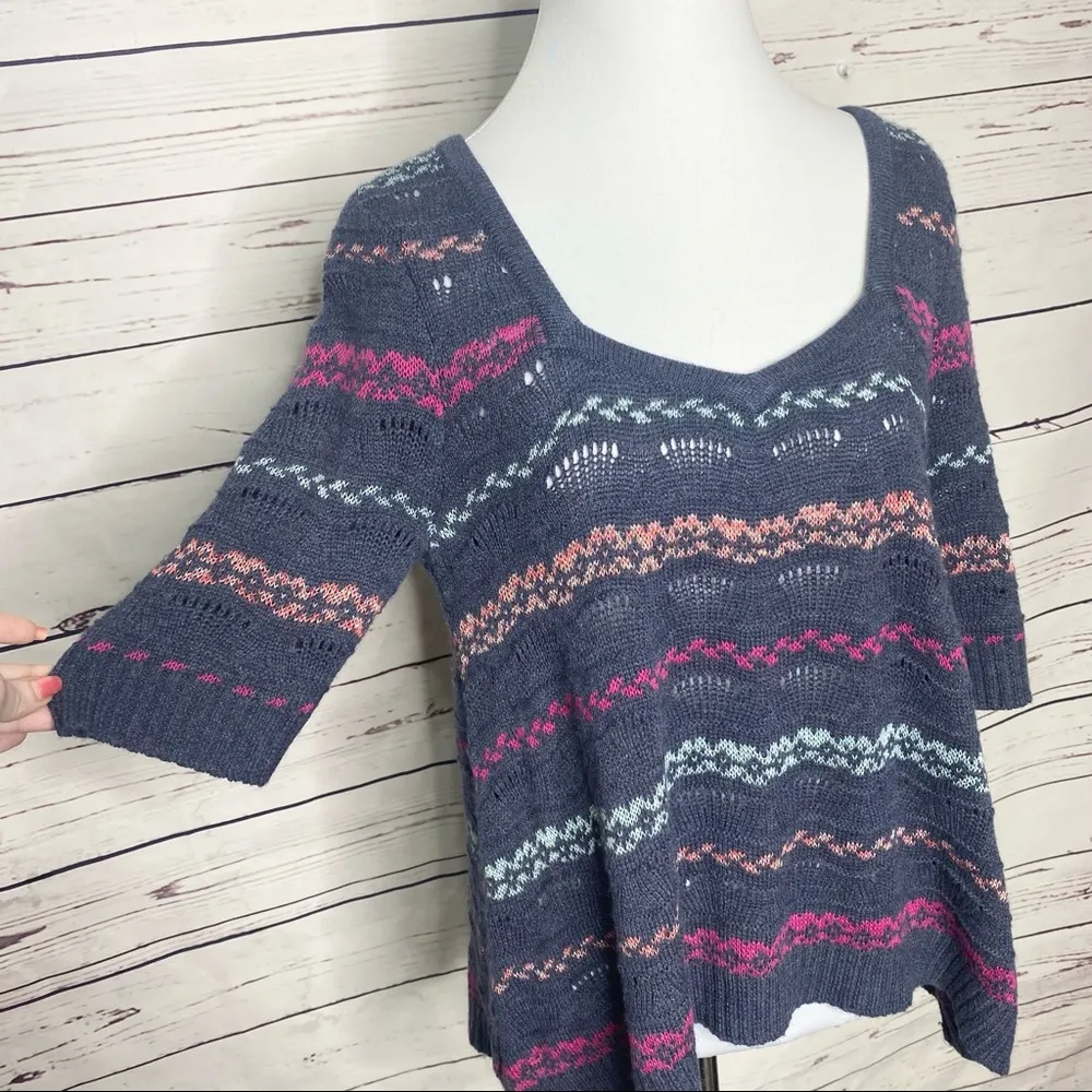 Free People Cropped Keyhole Sweater Top Size Medium Blue Stripe Wool Blend - Image 5