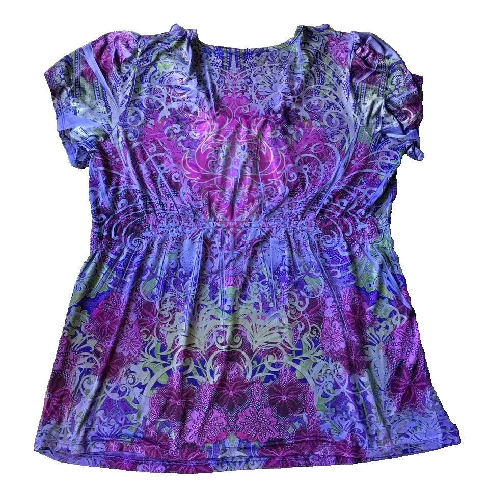 Y2K Sublimation Top Women XL Purple Floral Boho Embellished Short Sleeve Cato - Image 4
