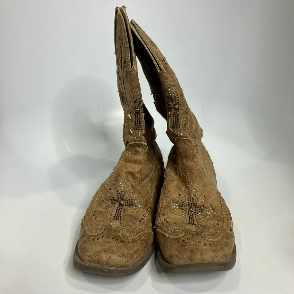 Roper faith rhinestone mid‎ calf boots tan cross bling women’s size 6.5 western - Image 4