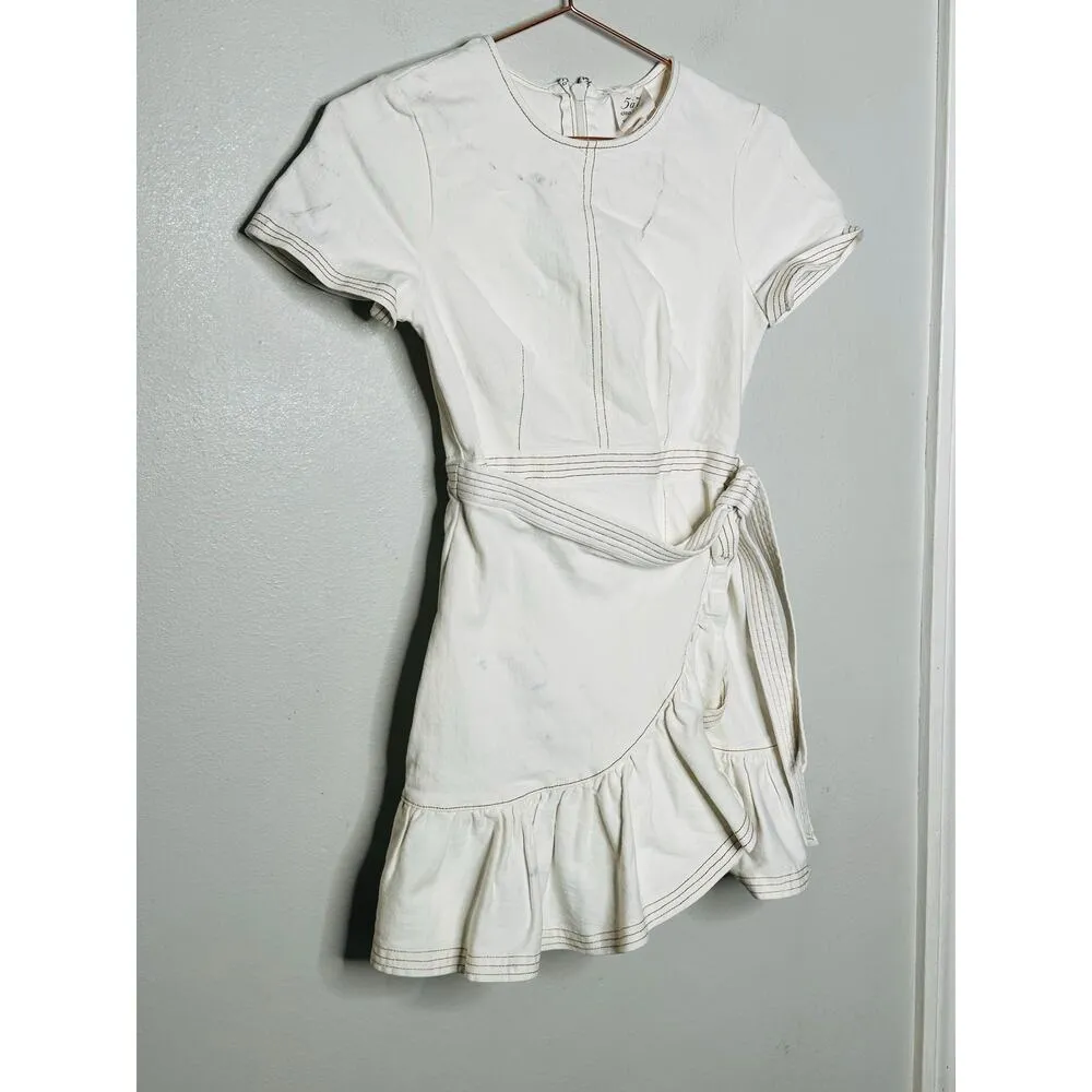CINQ A SEPT White Cotton Crewneck Denim Wrap Mini Ruffle Josi Dress Size 2 - Image 6