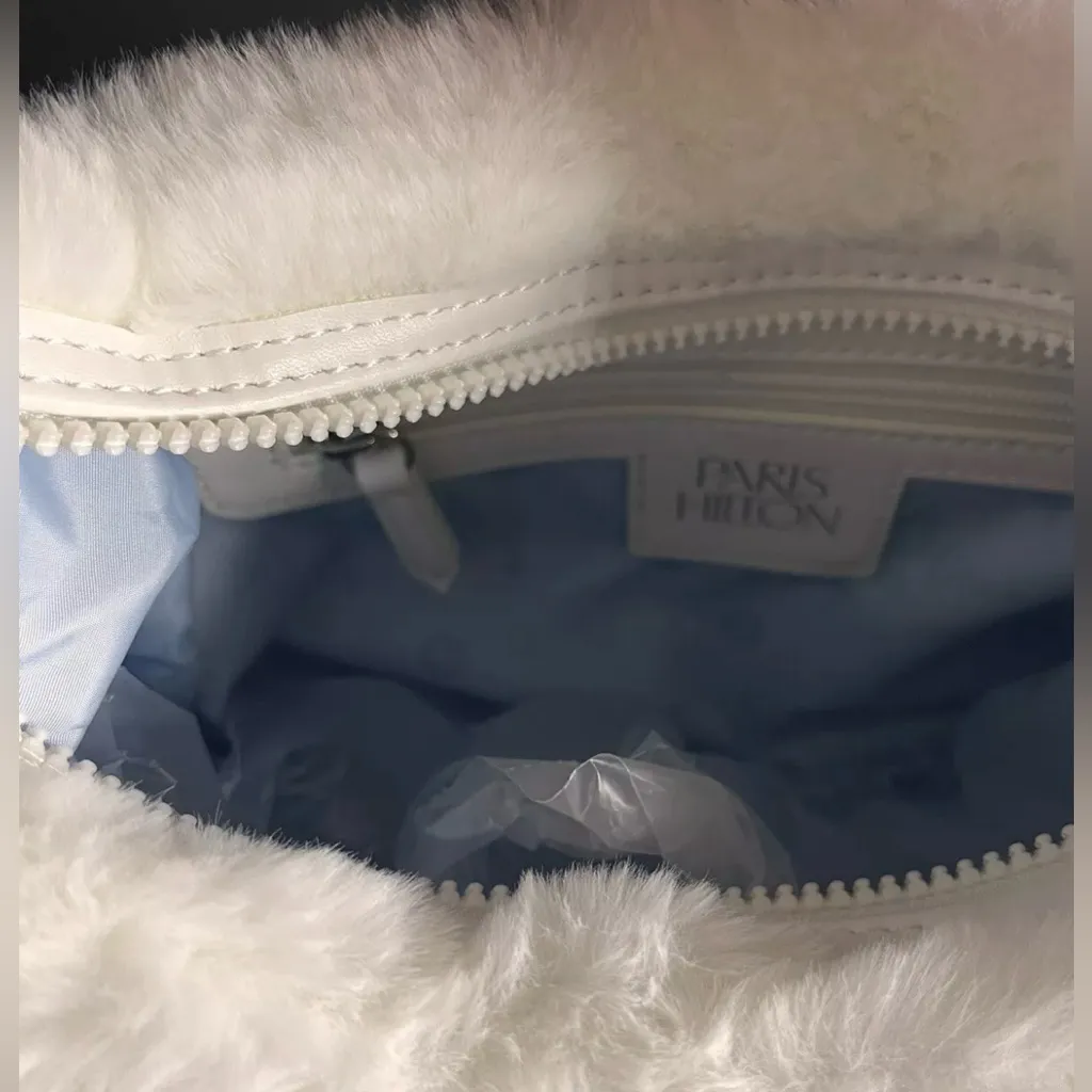 Paris Hilton White Faux Fur Shoulder Bag Rhinestone Paris Logo Hobo Purse NWT - Image 8