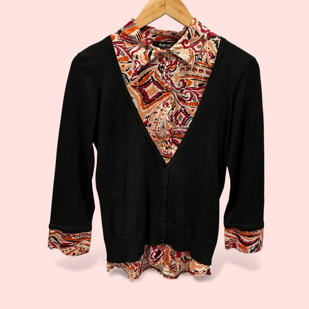 Cute vintage 90s-Y2K silk blend cardigan sweater aztec blouse combo top - Image 3