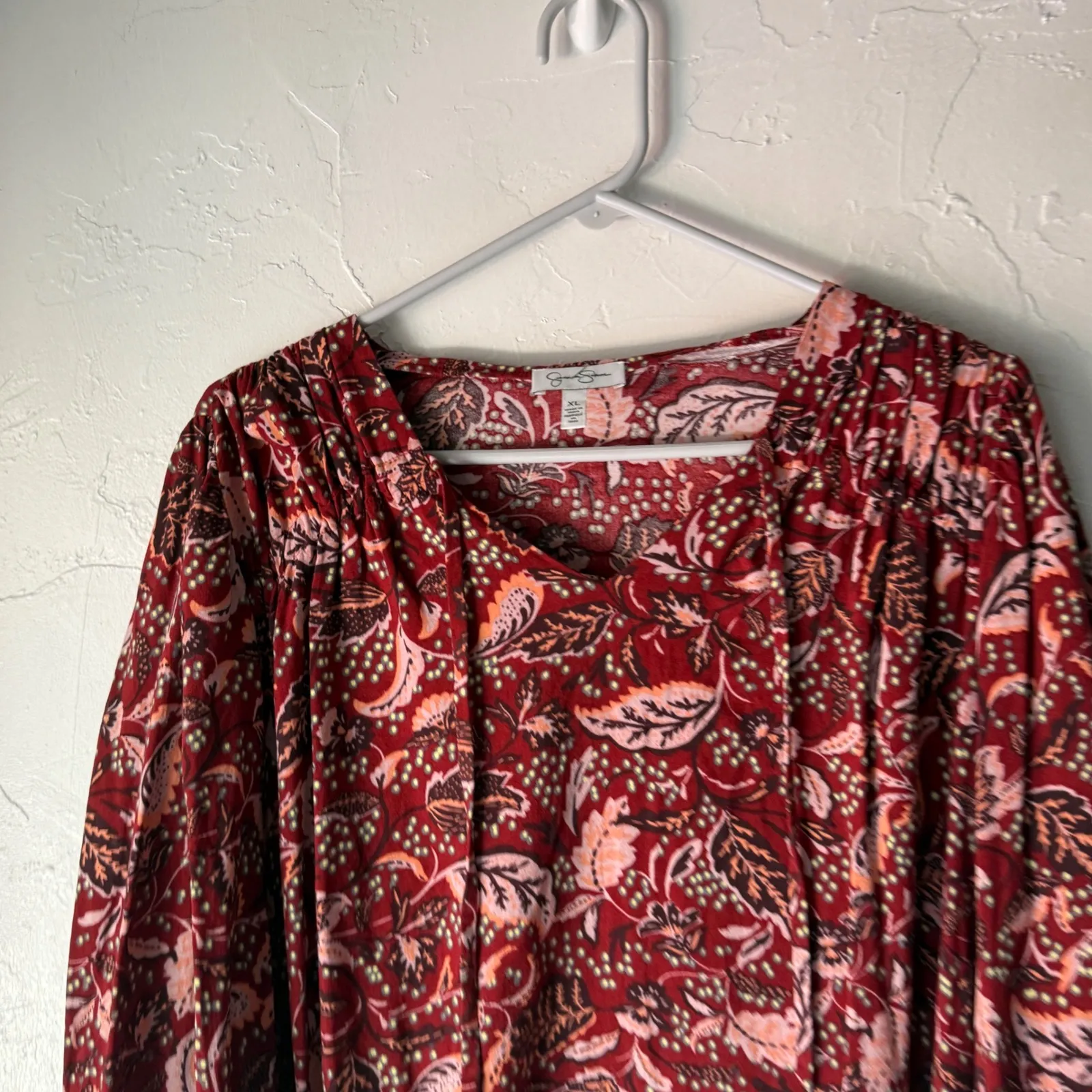 Jessica Simpson Burgundy Floral Print Tassel Neck‎ Long Slv Blouse XL Fall Boho - Image 2