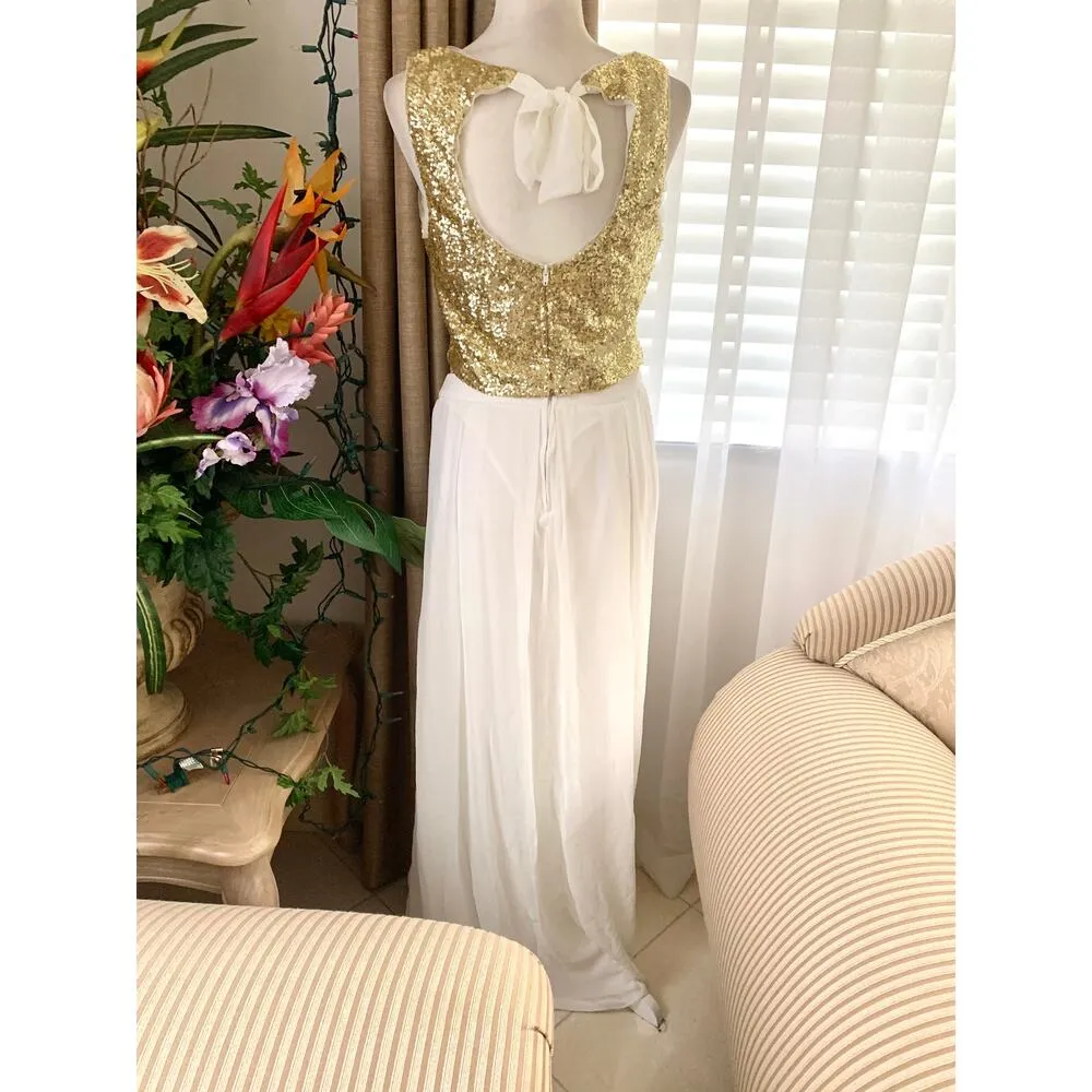 NEW B. Darlin Gold Sequin Top and White A-line Maxi Skirt Two Piece SET - Image 4
