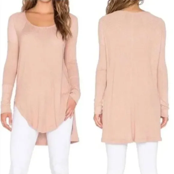 Free People Ventura Blush Tan Waffle Thermal Knit High Low Long Sleeve M - Image 2