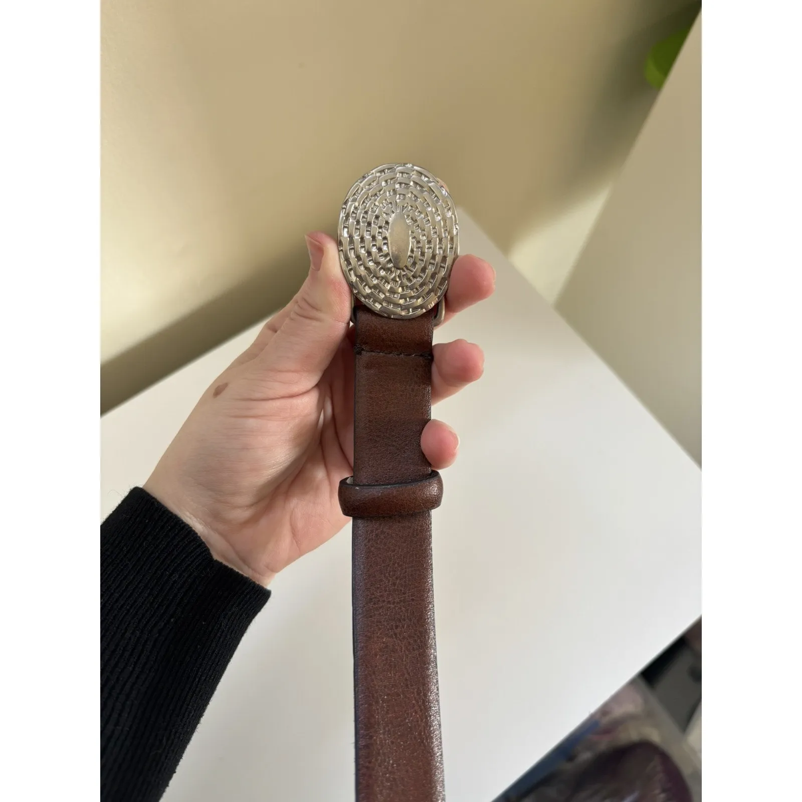 Liz Claiborne Women's Leather Belt Silver Buckle Size Large Brown Western Boho - Image 3