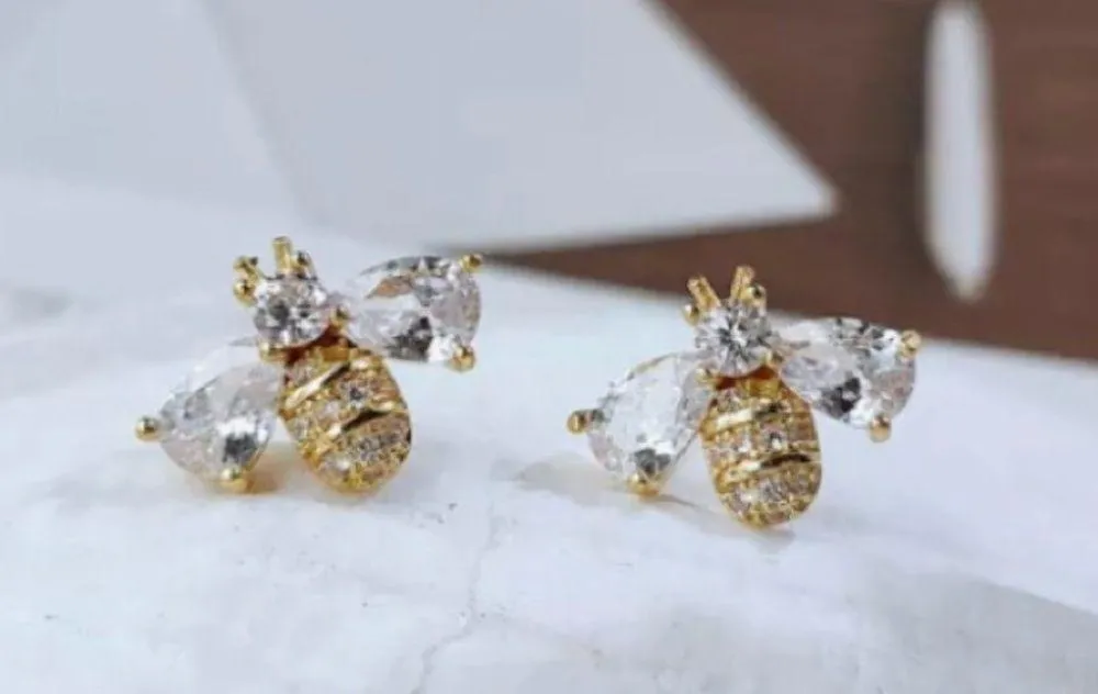 Beautiful GOLD PLATED Zircon crystals Bee earrings - Image 7