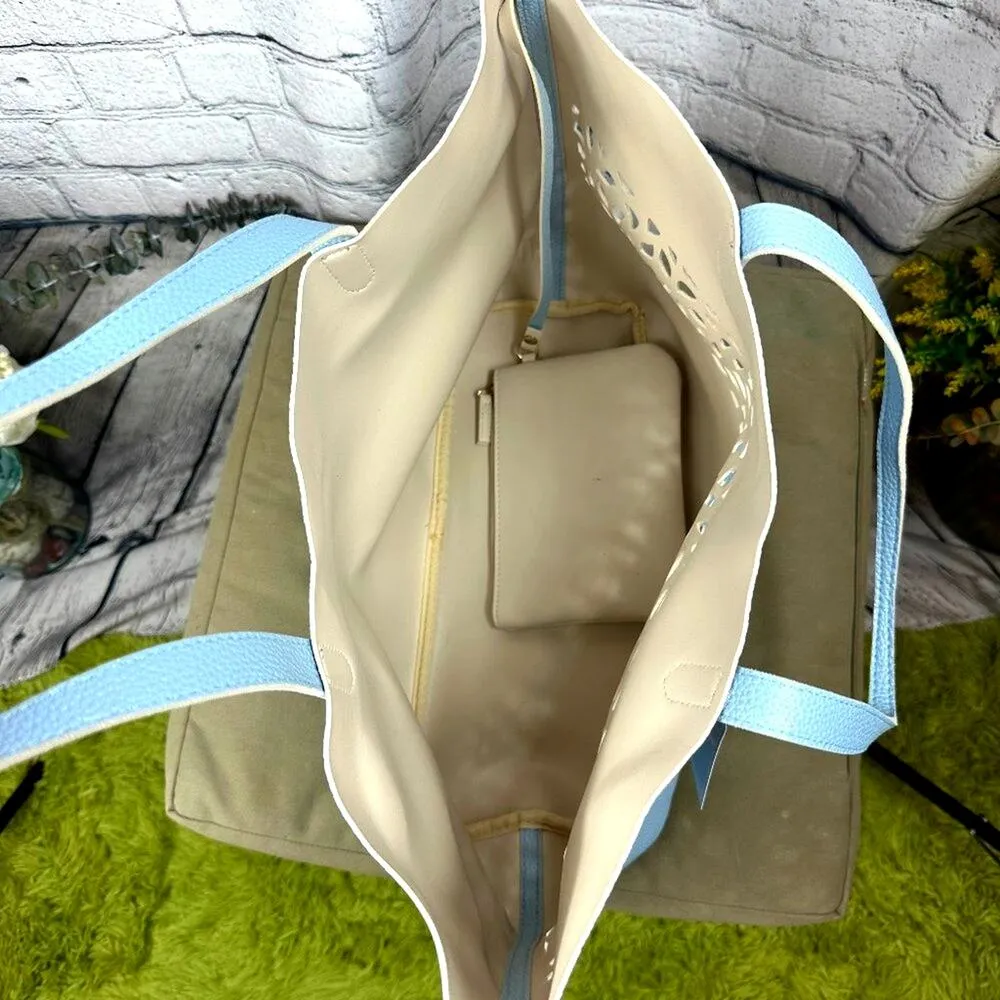 Laser Cut Light Blue Faux Pebble Leather Tote Bag with pouch - Image 7