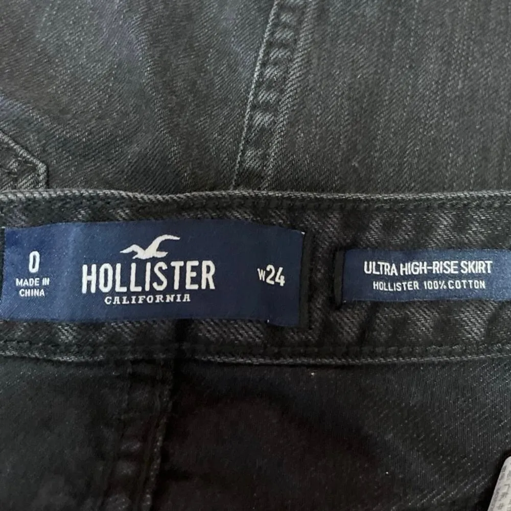 Hollister Black High Waisted Raw Hem Cut Off Pencil Mini Denim Jean Skirt Size 0 - Image 4