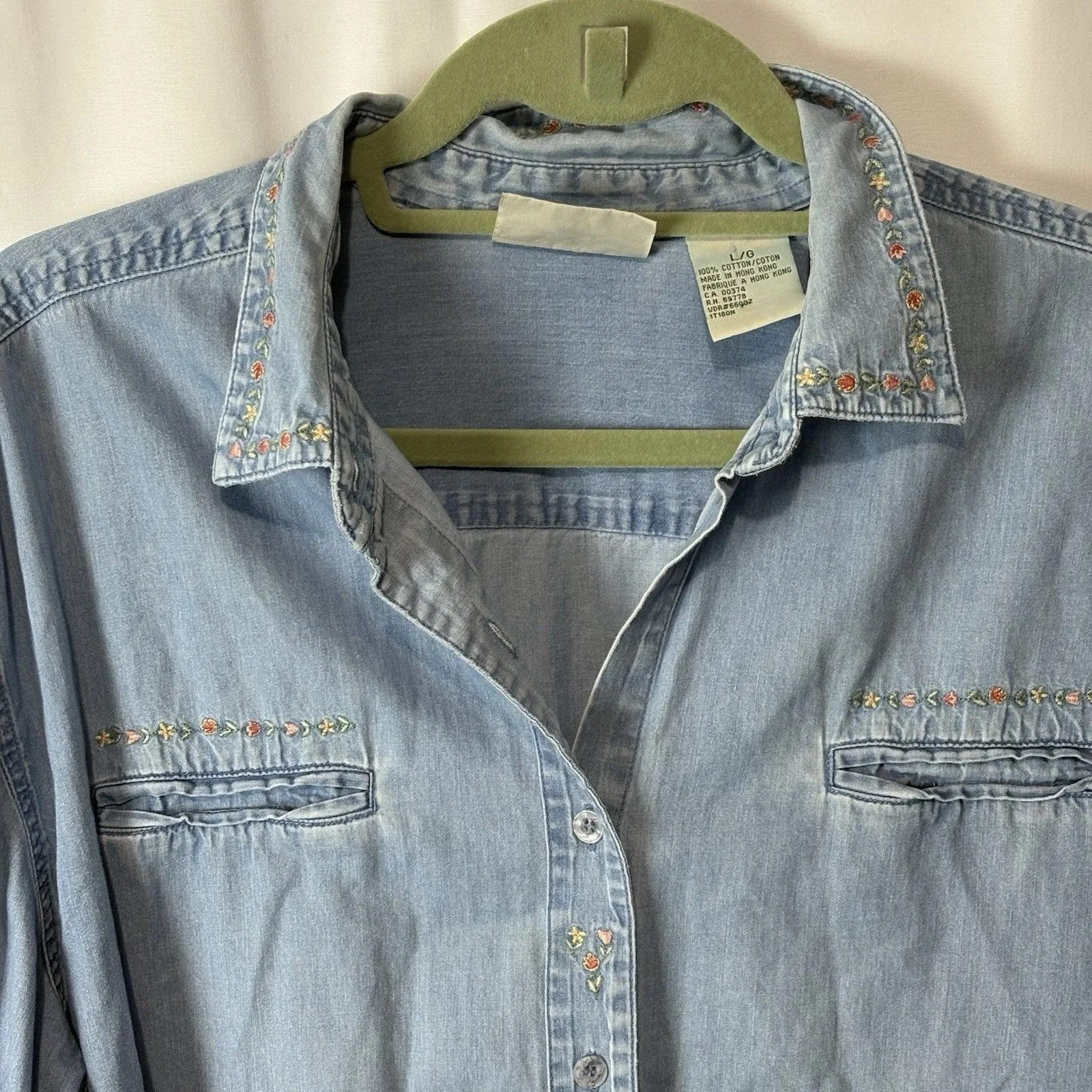 Vtg 90s Northern Reflection Women L Denim Shirt Embroidery Dainty Floral Cottage - Image 2