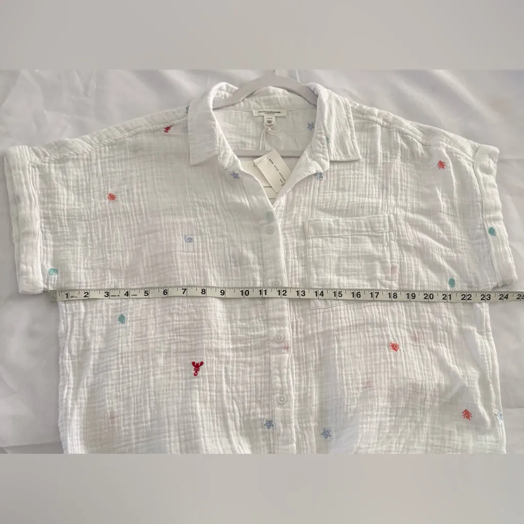 Beach Lunch Lounge Shirt Womens Large White Tie Front Embroidered Beach Nautical - Image 9