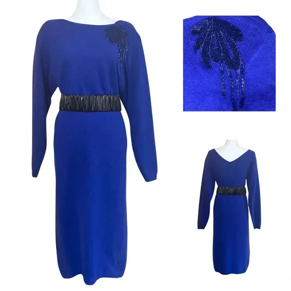 Vtg 80s Blue Beaded Midi Sweater Dress Lambswool/Angora. Small. Bejeweled. EUC. - Image 3