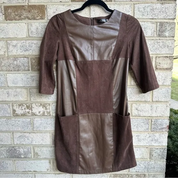 Women’s Brown mix suede and faux leather mini dress in size small - Image 5