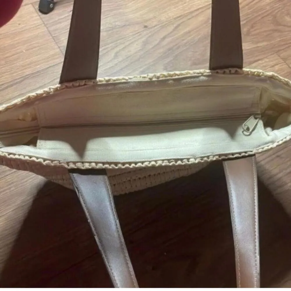 EUC capelli straw Rattan brown handled polka dot, purse bag Blue - Image 6