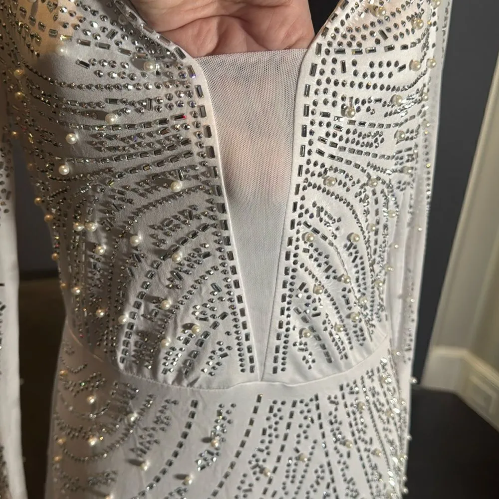 Short White Sparkly BodyCon Party Dress Long Sleeve Ruffle Hem Size L NWOT Size L - Image 8