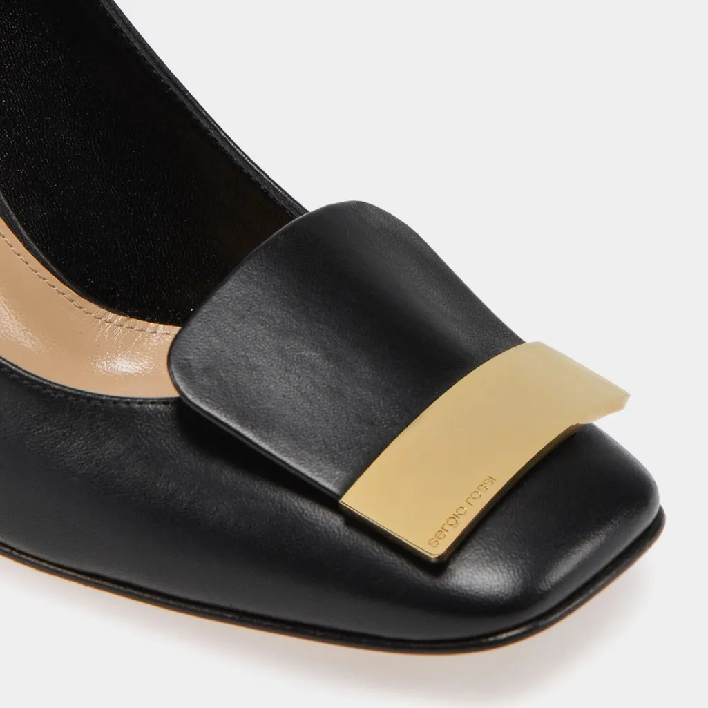 Sergio Rossi SR1 80 Leather Square Toe Pump w Gold Plate in Black - Image 3