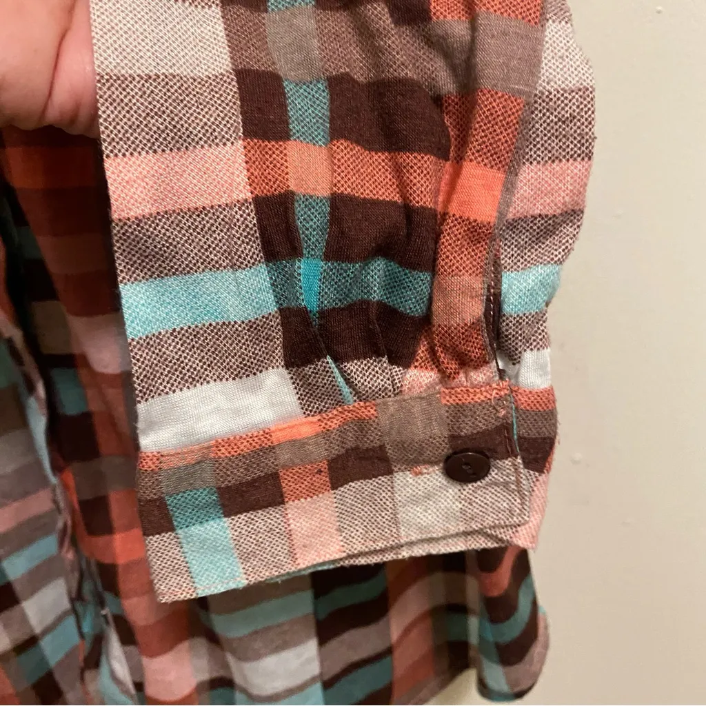 Bassport Womens Plaid Flannel Button Down Shirt L Large 40” Orange Brown & Blue - Image 5