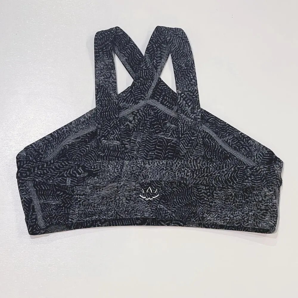 Beyond Yoga S Sports Bra High Cut Criss Cross Graphic Soft Space Dye Black Gray - Image 4