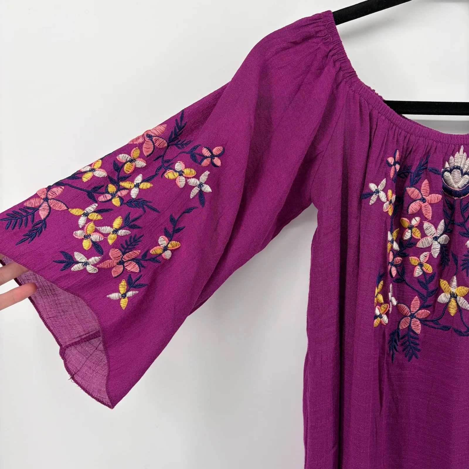 J Gee Embroidered Off Shoulder Dress Purple Bell Sleeve Tunic Size PM Boho Indie - Image 4