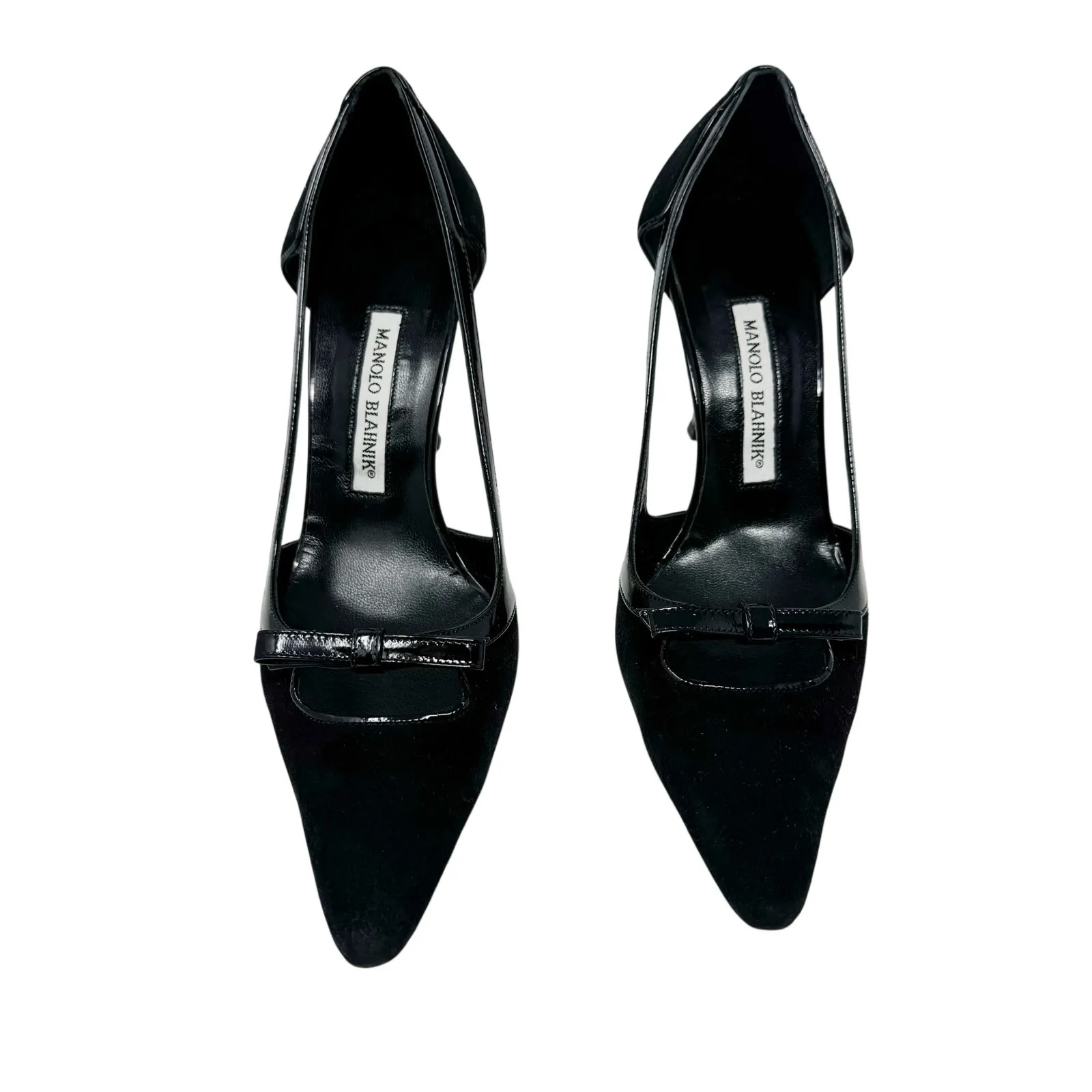 Manolo Blahnik Black Suede Patent D’Orsay Pumps Bow Detail Women’s EU 38.5 - Image 3