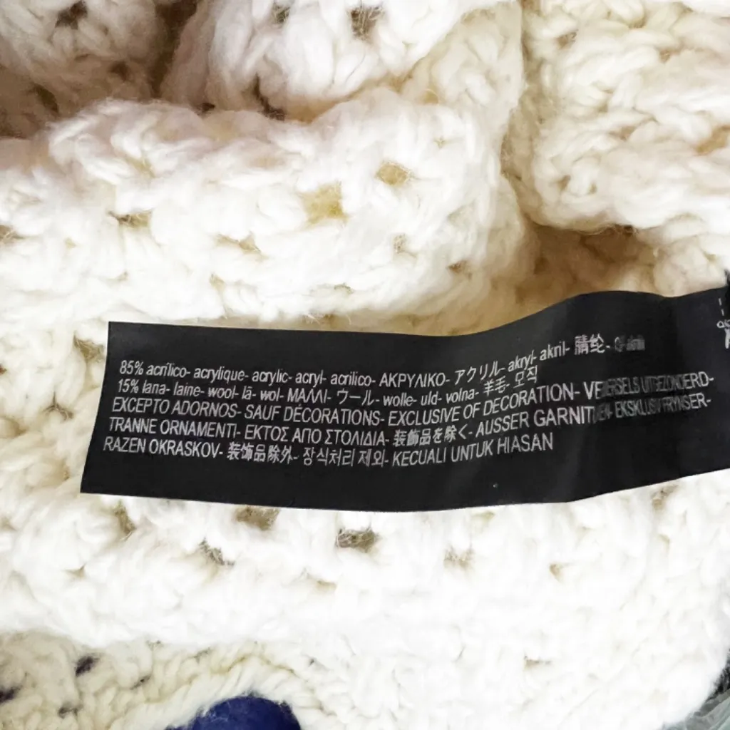 Zara Knit Wool Blend Crochet Multi Color Pom Pom Fringe Embellished Sweater S - Image 3