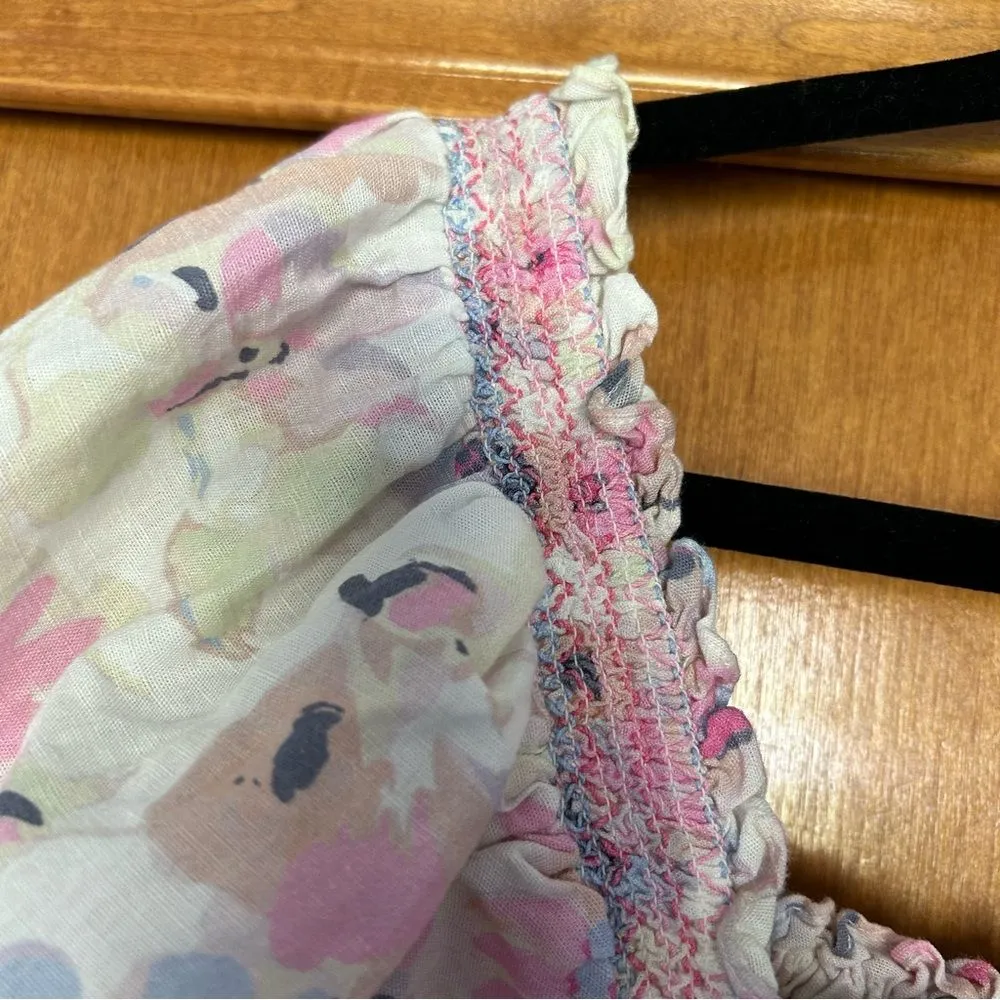 Something Navy Floral Smocked Puff Sleeve Ruffle Squareneck Short Sleeve Top - Image 3