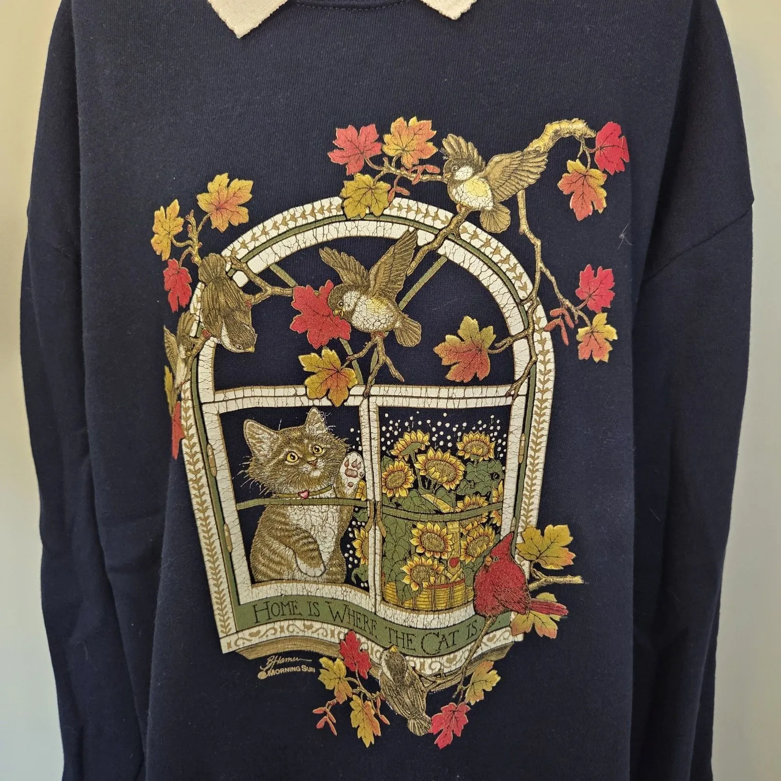 Vintage Morning Sun Sweatshirt Extra Large Navy Fall Leaves Cat Pullover 90s Blue Size XL - Image 3