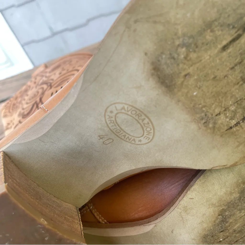 Bata Boots Lavorazione Artigiana Italian Laser Cut‎ Boho Western Leather 40 Brown Size 9 - Image 9