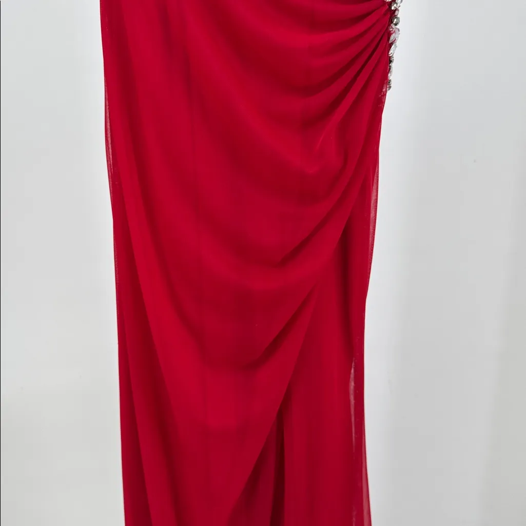 Xscape Red Dress formal jeweled slit 2 ruched evening holiday event retro dance - Image 7