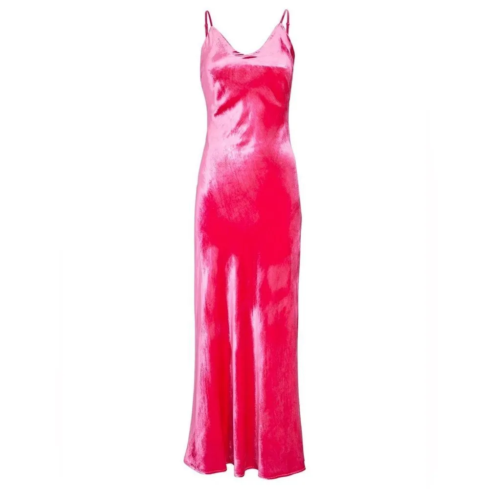LE SUPERBE Pink Velvet Slipping Out V Neck Bias Cut Maxi Dress Size 2 - Image 4