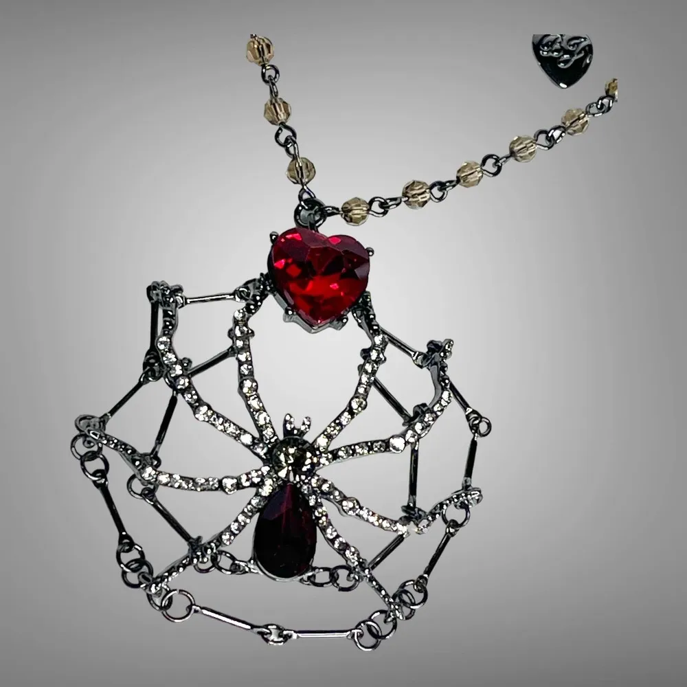 NEW Betsey Johnson SPIDERWEB NECKLACE 35" Long Beads Red Stone Heart Spider Web - Image 6