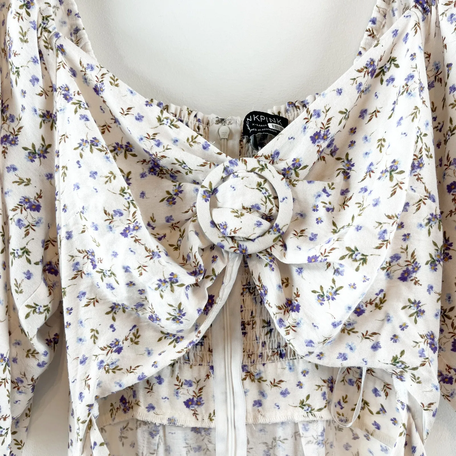 MINKPINK Hailey Floral Puff Sleeve Cutout Midi Dress White Purple XL - Image 11