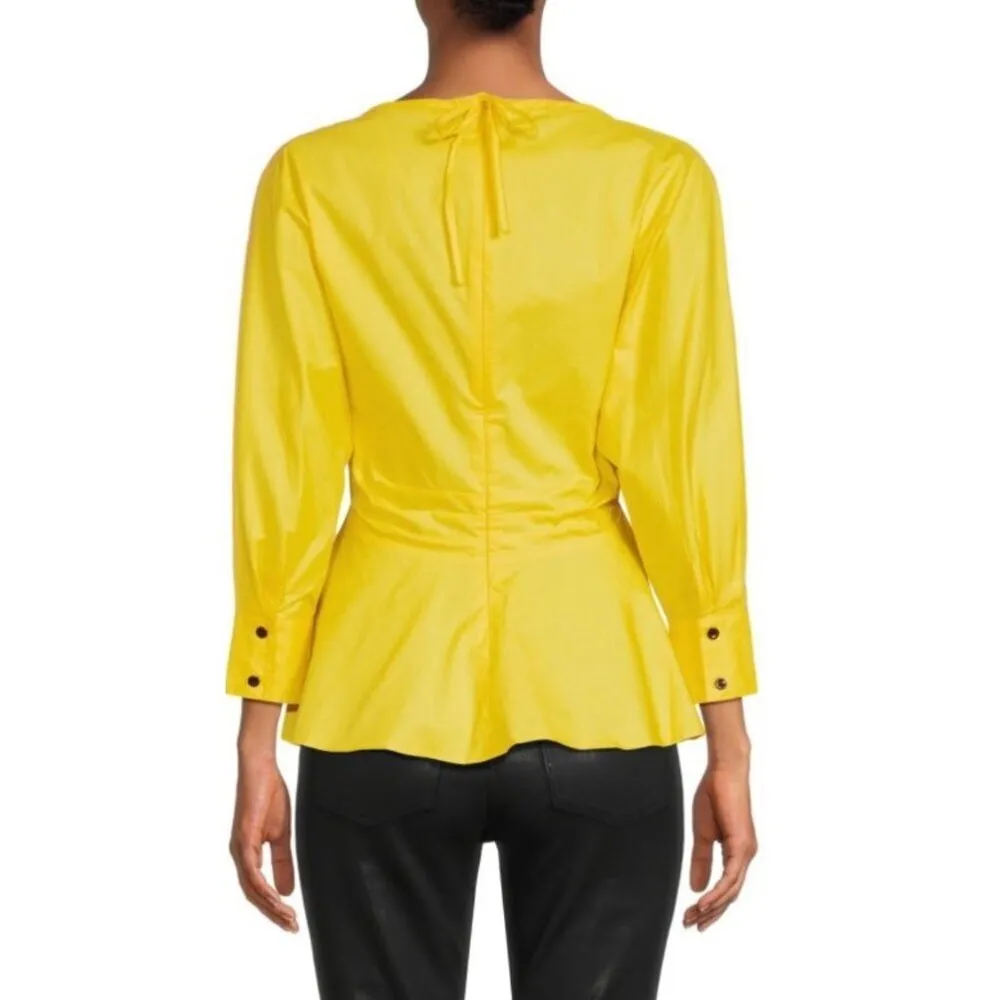 Proenza Schouler White Label Women's 8 Poplin V-Neck‎ Top Bright Yellow Peplum - Image 2