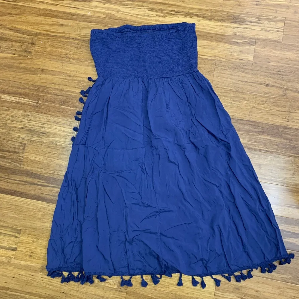 Cupshe Smocked Strapless Dress Women Size Medium Tassel Hem Casual Cover Up Blue - Image 4