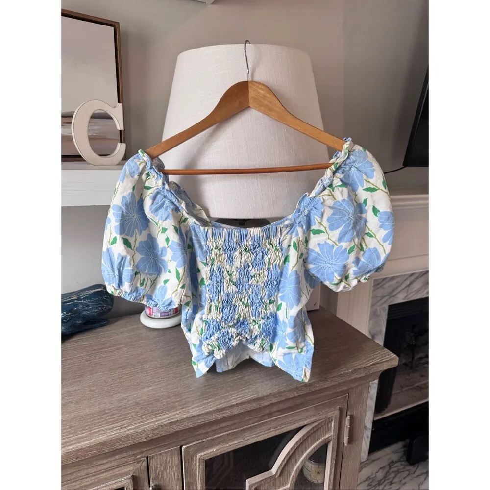 Who What Wear Linen Blend Floral Crop Top Peasant Bohemian Cottagecore Preppy Si - Image 5