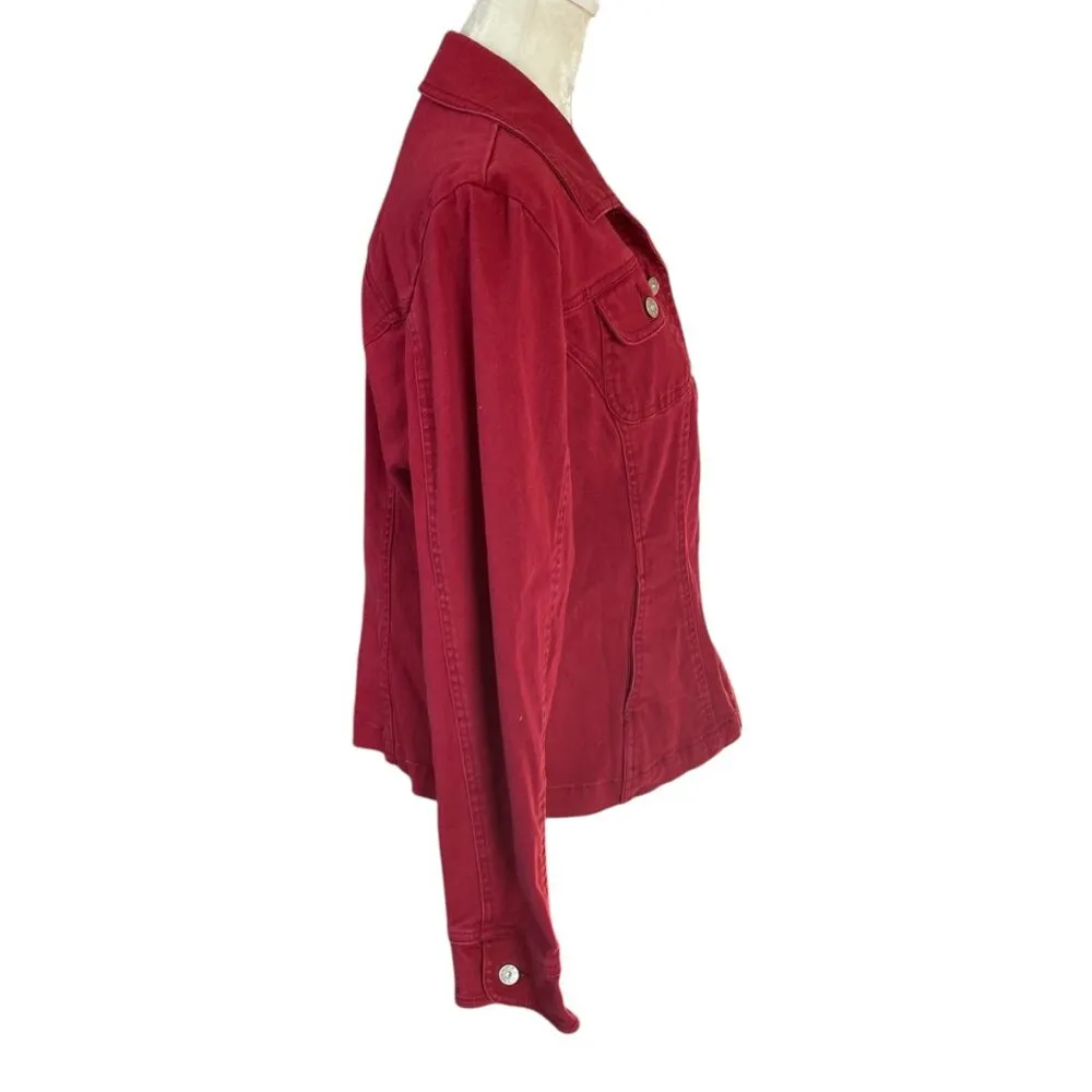 A.M.I. women's L red long sleeve collared button down denim jean jacket pockets Size L - Image 3