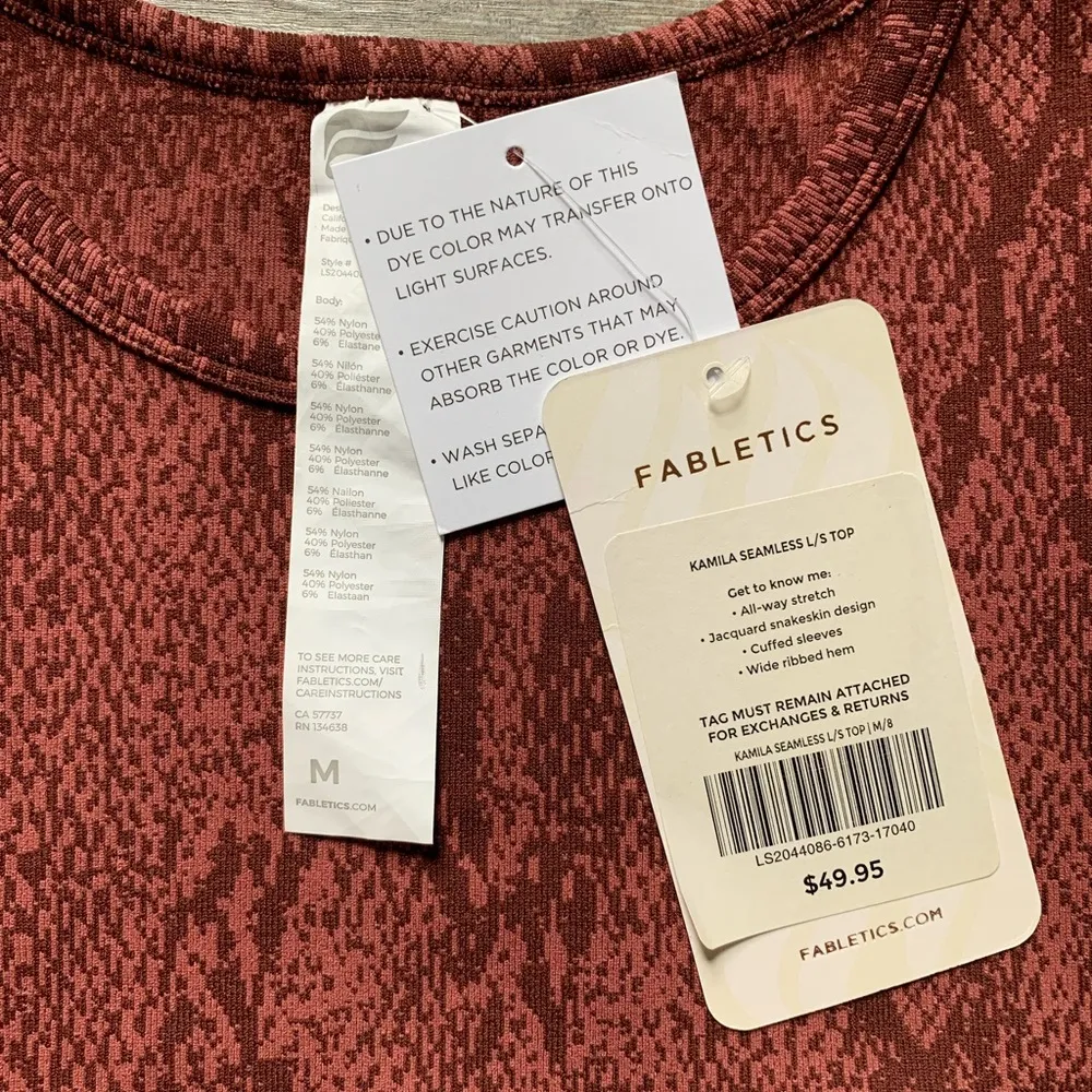 NWT Fabletics Kamila Seamless Long-Sleeve Top in Cherry Mocha Reptilia/Canyon M - Image 5