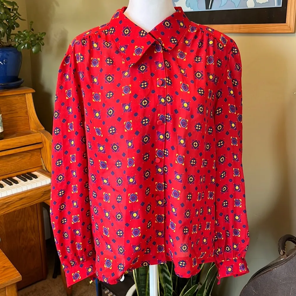 Vintage Josephine Red Asymmetrical Southwestern Blouse Size 12 - Image 12
