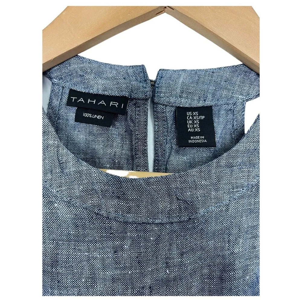 Tahari Dress Womens XS Linen Halter Sleeveless A Line Chambray Beachy Tank Blue - Image 3