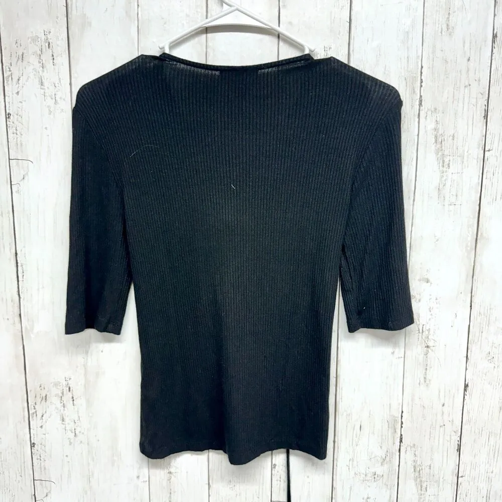 Topshop Top Women's Size 4 Solid Black 3/4 Sleeve Ribbed Short Sleeved Lace Up - Image 4