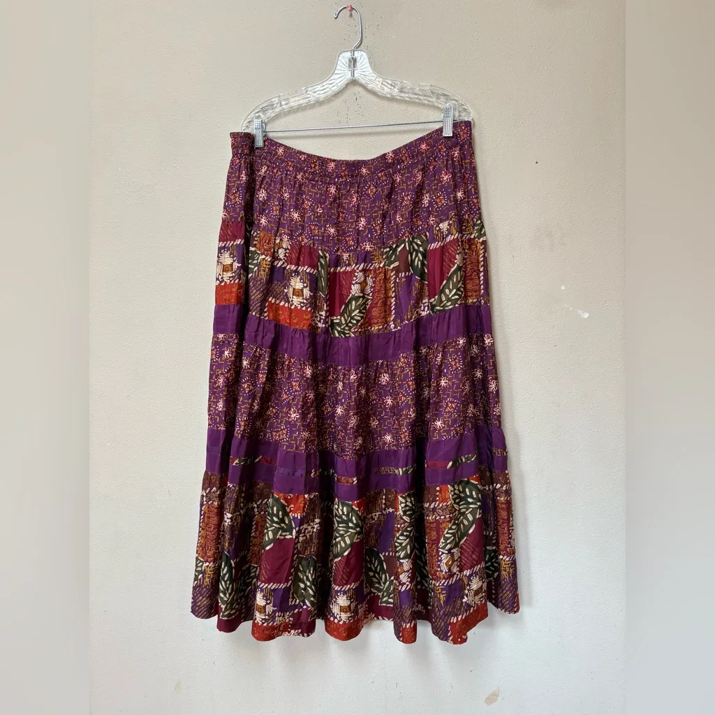 Vintage 90s Silk Patchwork Tiered Midi Skirt Boho Cottagecore 14W Carole Little Purple - Image 5