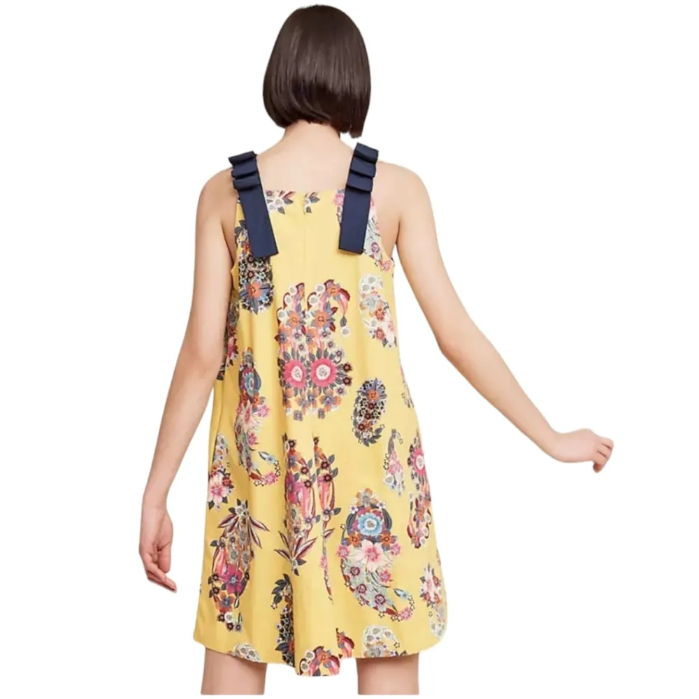 Anthropologie Maeve Sunniva Yellow Floral Bow Detail Aline Mini Dress Size Small - Image 3