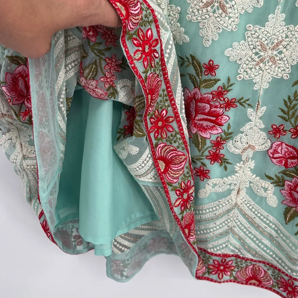 Soft Surroundings Lace Boho Maxi Skirt PXL Aqua Embroidered Floral Mesh Fairy - Image 5