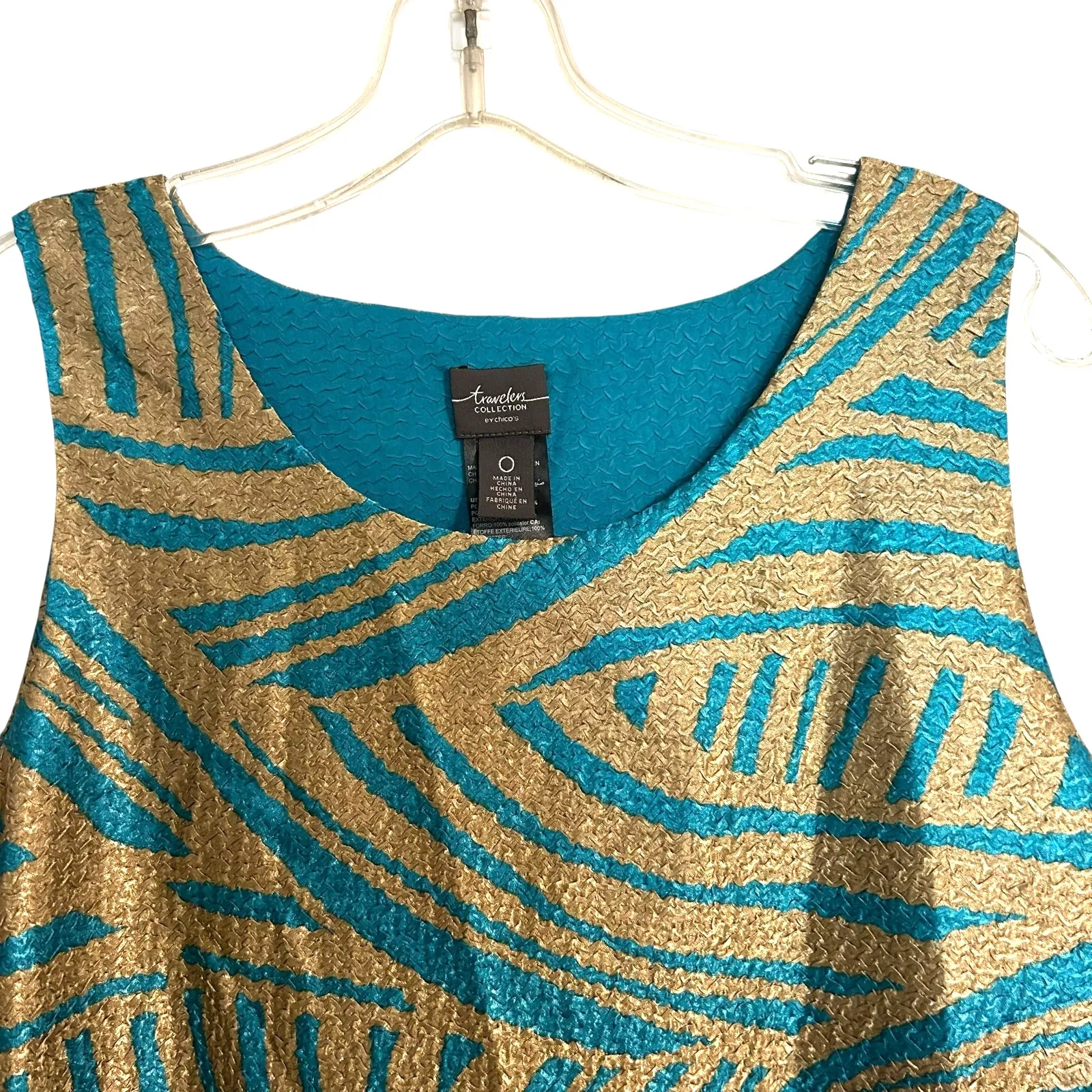 Chico's Travelers Top Sleeveless SZ O Teal Gold Textured Metallic Abstract Shiny - Image 3