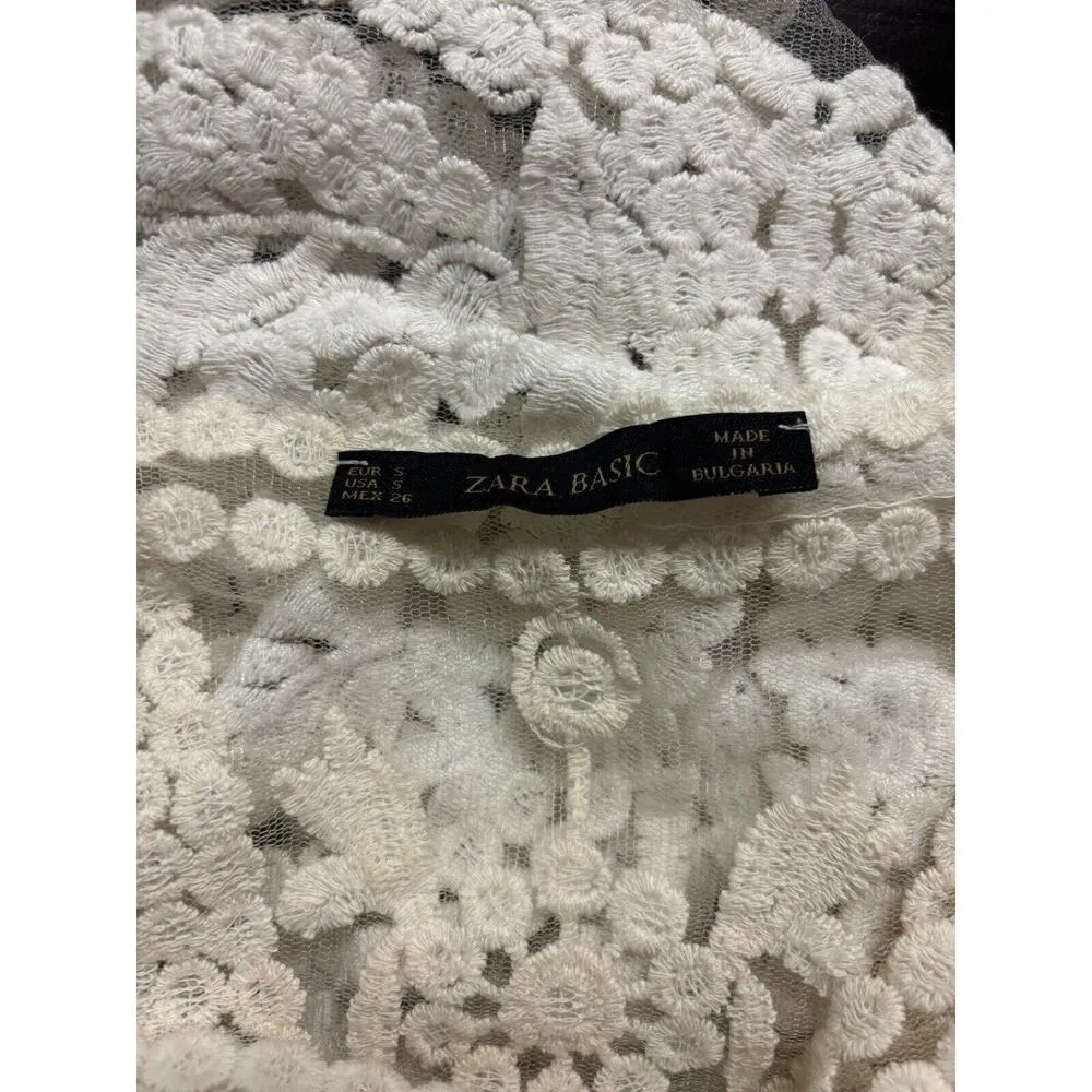 Zara Basic S White Short Sleeve Sheer Blouse Top Shirt Summer Spring Floral - Image 3