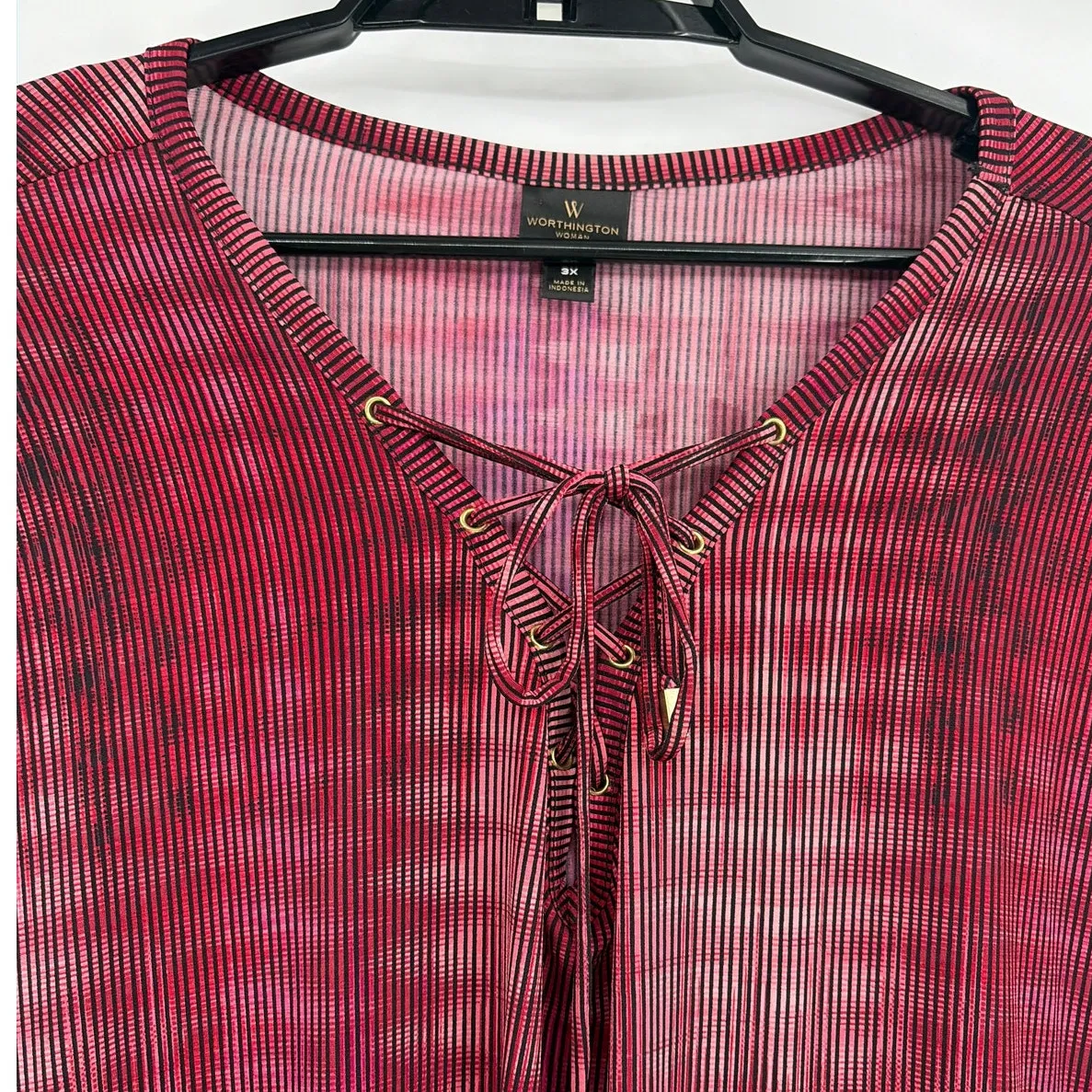Worthington Lace Up Neck Womens Top Sz 3X Boho Flowy Burgundy Office Striped - Image 2