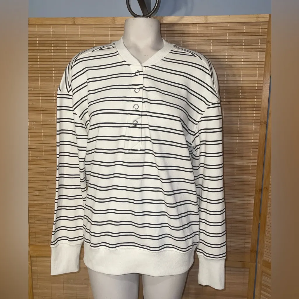 Maurice’s Striped Henley Pullover cream black striped long sleeve top shirt S - Image 2