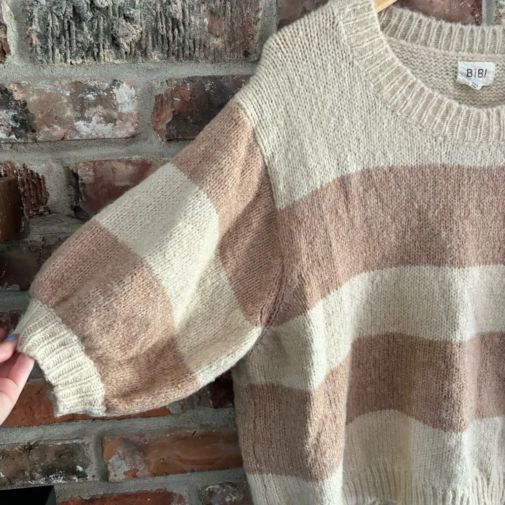 Bibi Stripe Short Puff Sleeve Sweater, XL Tan - Image 4