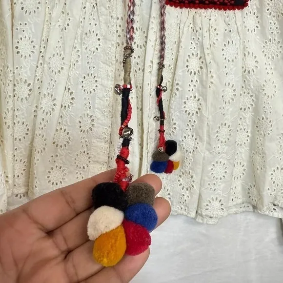 Zara XS Embroidered‎ Aztec White Tied Top Mirror PomPom Boho Beach Vaca Summer - Image 3