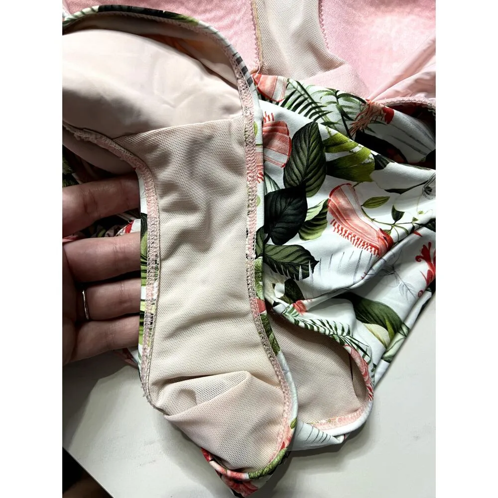 One Shoulder Knotted One Piece Swimsuit with Tropical Birds and Flowers White - Image 9